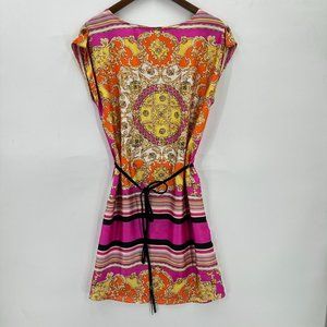 JBS Dress Womens Pullover Cap Sleeve Colorful Batik Waist Belt Multicolor S